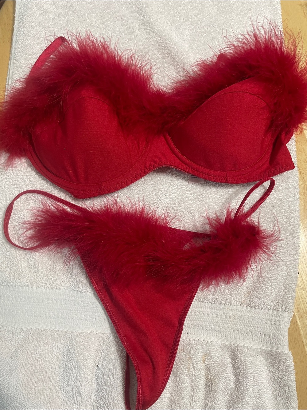 Secret Treasures Red Feather-Trim Bra & Thong Lingerie Set